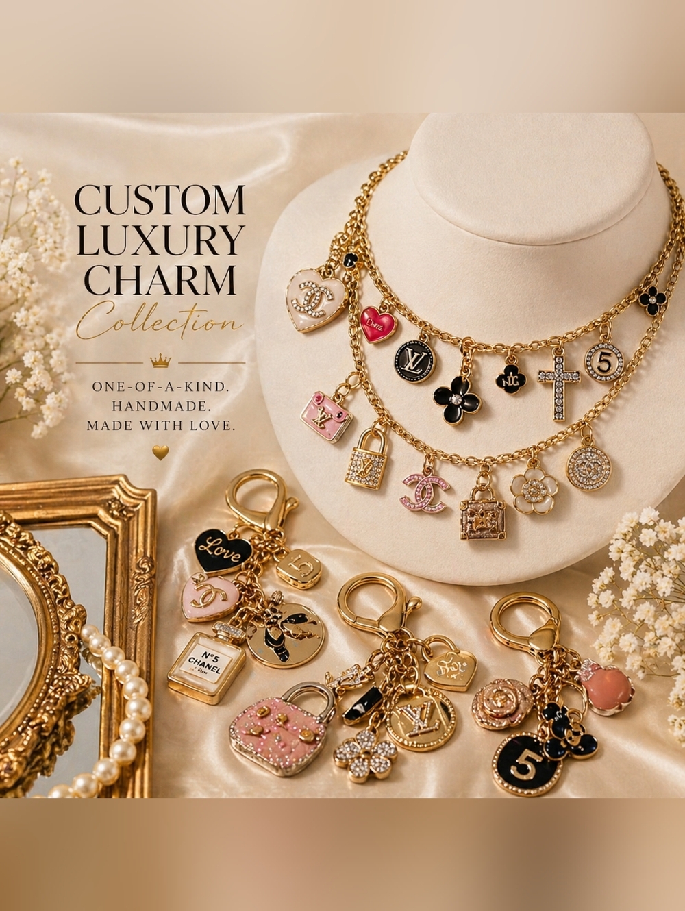 CUSTOM HANDMADE NECKLACES W/ Assorted Designer-Inspired LUX Charms and Pendants.